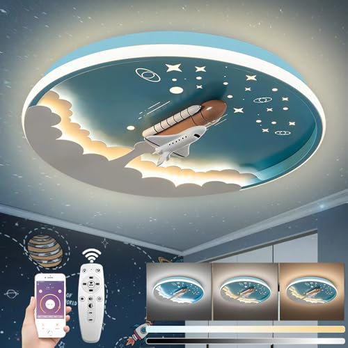 KZT 50CM Kinderzimmer Lampe Decke LED Deckenleuchte Dimmbar mit Fernbedienung Cartoon Rakete Deckenlampe Acryl Deckenbeleuchtung für Kinderzimmer Jungen Mädchen Kindergarten Babyzimmer Lampe