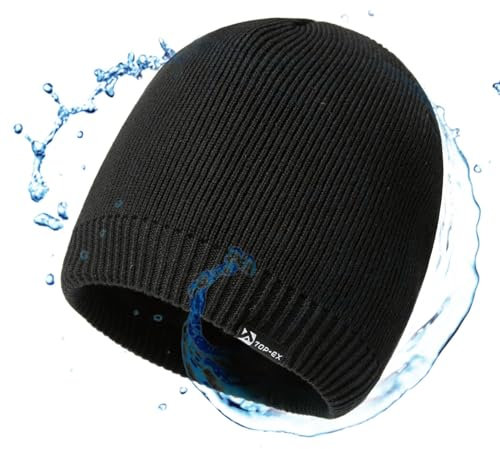TOP-EX wasserdichte Merino XL Beanie Mütze Herren Damen Wolle Wintermütze Warm Fleece Strickmuetze Regenmütze Schwarz