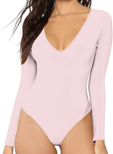 MANGDIUP Body à manches longues et col en V pour femme - Hauts extensibles sexy et confortables, Masquer le rose, Small