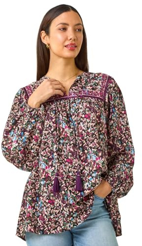 Roman Originals Floral Print Tie Front Top for Women UK - Ladies Everyday Autumn Winter Neckline Tie Comfy Soft Evening Vacation Work Party Night Out - Black - Size 10