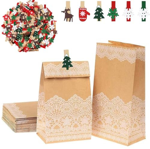 24 Stück Papiertüten 24 * 13 * 8cm Geschenktüten Weihnachten Adventskalender Tüten mit Mini-Holzklämmerchen Papierüte Klein Braun Kraftpapier Tüten Brottüten Papier Tüten