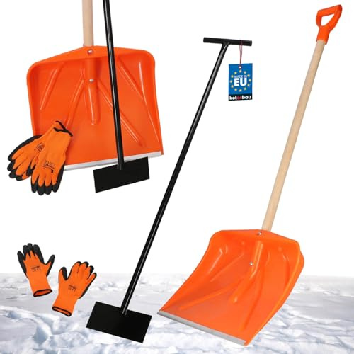 KOTARBAU® Set Schneeschaufel mit Holzstiel 136 cm Eisschaber 119 x 20 cm + Handschuhe warm Schneeschieber Schneeschaufel Auto Stoßscharre mit Stiel Schaufel mit Stiel