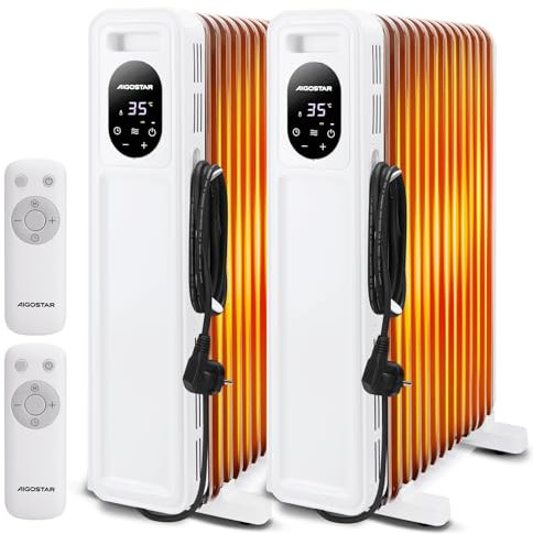 Aigostar Radiador de Aceite de 13 Elementos, 2500 W, Pantalla de Control LED, Temporizador de 24h, Mando a Distancia, 3 Modos con Función Eco, Silencioso, Para Estancias de Hasta 25 ㎡, 2 Unidades Snug