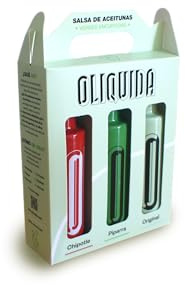 Sauce Piparra + Sauce Chipotle + Sauce à base d'olives vertes. Pack de 3 sauces Gourmet dans un récipient de 100ml chacune. OLIQUIDA est une nouvelle sauce créée pour les amateurs d'olives.