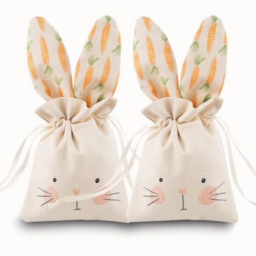 2 Stück Osterhasen Taschen mit Kordelzug, Osternester zum Befüllen, Jutebeutel Ostern mit Hasenohren Ostertasche Ostertüte zum Befüllen Geschenktüten Sammeln von Ostereiern Geschenk,15x18cm