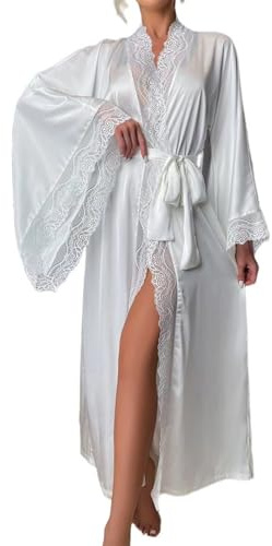 OHERUWKLS Women Satin Long Nightdress Floral Lace Bell Sleeves Tie Front Wedding Robe Cover Up,White,M