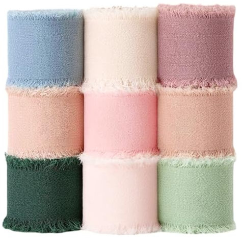 Geschenkband Chiffonband 9 Farbe, Schleifenband 2,5 cm x 24,6 m, Seidenband Stoffband Fransenstoffband, Chiffon Stoffbänder für Hochzeitseinladung, Brautstrauß, Geschenkverpackung, DIY Schleifen