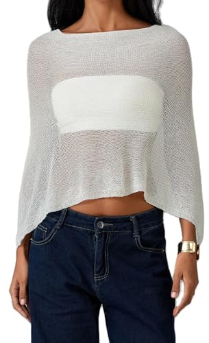 CocMouse Womens Sheer Knit Poncho Summer Fall Shrug Lightweight Cover Up Ruffle Pullover Sweater Top One Size Fits Most (B-White, ONE Size)