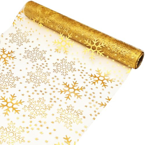 Organza Tischläufer Schneeflocken,Tischläufer Weihnachten Gold | Tischdecke Weihnachten 28 x 500cm Weihnachts Tischdeko Tischband Transparentes für Adventszeit Geburtstag Hochzeit Party Deko