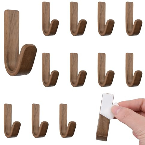 MOROBOR Lot de 12 crochets muraux auto-adhésifs en noyer de type J pour clés, couronne, porte-manteau pour salle de bain, chambre à coucher, entrée