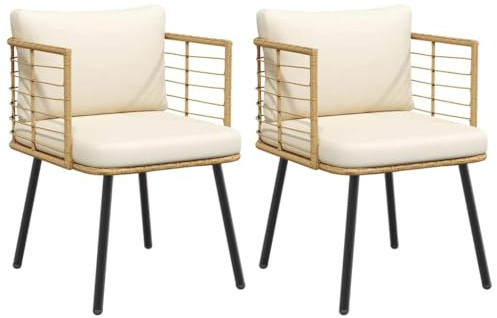 IBUQDDV Gartenstühle 2 STK. mit Kissen Natur Poly Rattan, PE-Rattan Outdoor Sessel Set, Wetterbeständige Polyrattan Stühle mit Abnehmbaren Bezügen und Pulverbeschichtetem