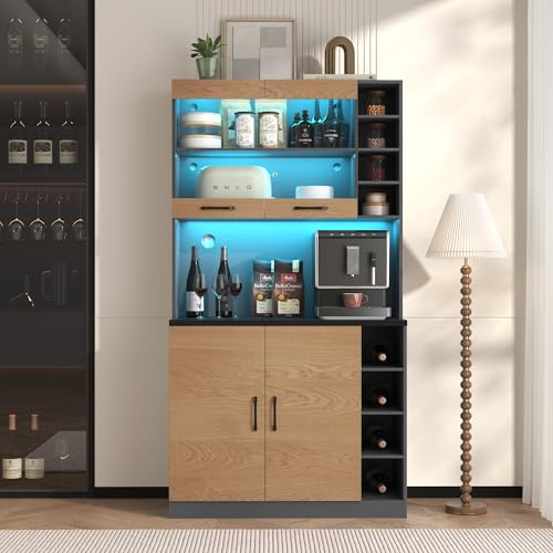 SURUEO Freestanding Kitchen Tall Cabinet, Pantry with LED Ambient Lighting, Kitchen Cupboard for Microwave, Height-Adjustable Side Storage Shelves, for Home and Kitchen, 100x47x187cm, Natural + Gray