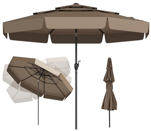 RELAX4LIFE Parasol Droit Inclinable 3M | Parasol de Jardin Extéieur 3M à Volants | Toit Ventilé à 3 Couches | Inclinaison 45° | Manivelle | 8 Baleines | Protection Solaire pour Balcon Terrasse (Taupe)