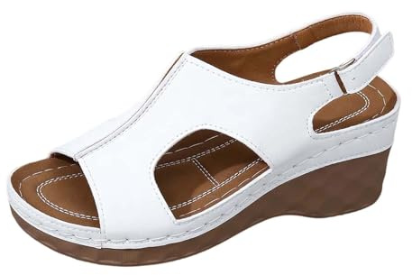 Sandales Compensées Femme Cuir Bout Ouvert, Nu-Pieds à Plateforme, Empeigne Couvrante avec Découpes Latérales, Bride Arrière Ajustable, Semelle Épaisse | Été Extérieur, Marche, Quotidien, Style Casual