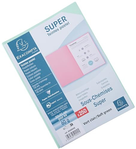 Exacompta - Réf. 850004E - Paquet de 250 sous-chemises SUPER 60 g/m2 aux couleurs pastel - sous chemises certifiées PEFC - dimensions 22 x 31 cm pour format A4 - couleur vert clair