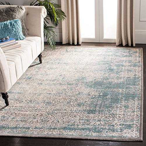 SAFAVIEH Distressed Teppich für Wohnzimmer, Esszimmer, Schlafzimmer - Passion Collection, Kurzer Flor, Türkis und Elfenbein, 201 X 279 cm