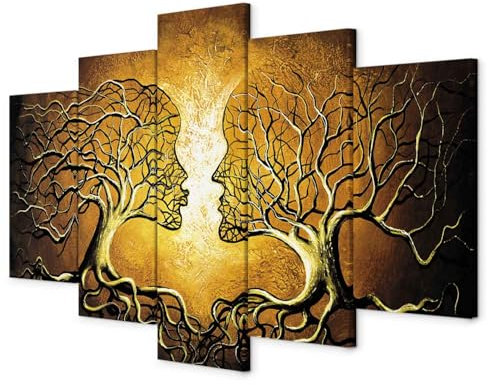 B&D XXL - Wandbilder XXL Bäume Kuss 200x100 cm 5 tlg Wand Deko Leinwand Bilder Groß Wanddeko Wohnzimmer Schlafzimmer Kunstdrucke - Abstrakt Liebe Natur Gesichter Gelb wie gemalt b-A-0341-b-m