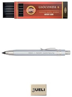 KOH-I-NOOR 5359 Druckbleistift, 5,6 mm Durchmesser, silberfarben + Koh-I-Noor Gioconda 5,6 mm Graphitminen, 6 Stück, 4865/6B + Gratis Bonus Radiergummi Jueli