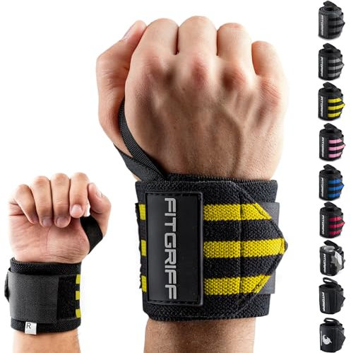 Fitgriff® Muñequeras Gym Hombre y Mujer - Accesorios para Gimnasio, Musculacion, Fitness - Wrist Wraps (Negro/Amarillo)