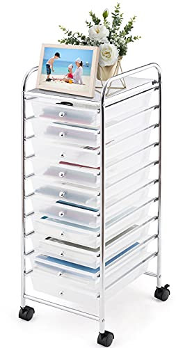 COSTWAY Carrello con 10 Cassetti da Stoccaggio, Cassettiera di Metallo e Plastica, Contenitore Multiuso con Ruote a Freno, per Casa e Ufficio (Trasparente)