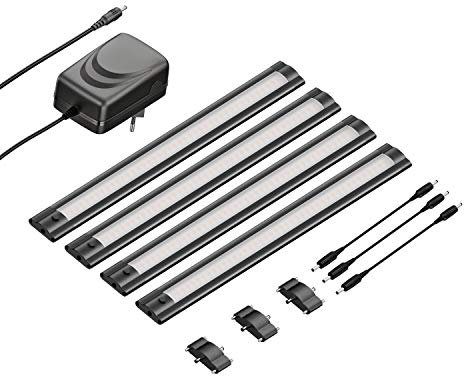 ledscom.de Luz LED bajo el armario SIRIS negro mate, plana, 30cm, 368lm cada una, blanco cálido, juego de 4