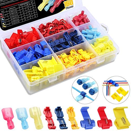 FIXITOK 160 Stück Abzweigverbinder Set, 60 x T-Abzweigverbinder + 60 x Flachstecker Schnellverbinder + 40 x Schnellabzweiger Quickverbinder 10-24 AWG für Schnelle Verbindungskabel (Rot/Blau/Gelb)