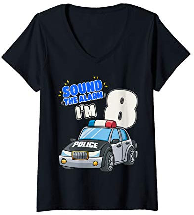 Damen Kinder-Polizeiauto 8 Geburtstag 8 Jahre Polizist Offizier T-Shirt mit V-Ausschnitt