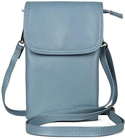 befen Echtleder Handytasche, Umhängetasche Handy Kleine Umhängetasche Damen mit Langem Riemen und Schlüsselring für Phone unter 6,7 Zoll, Grau Blau