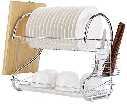 Multifunctional kitchen storage rack Dish Drainers Racks with Drainboard Kitchen Stainless Steel Dish Drying Racks Plate Rack Chopstick holder and Cutting Board Attachment 2 Tier