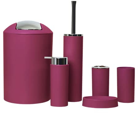 6tlg Badset Badezimmer Zubehör Set Organizer: Seifenspender, Zahnputzbecher, Kosmetikeimer, WC Bürste und Halter, Seifenschale, Mülleimer, Zahnbürstenhalter, Badgarnitur (Magenta Design 2a)