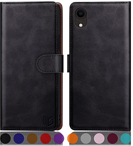 SUANPOT [RFID Schutz für iPhone XR 6,1-Zoll hülle PU Leder handyhülle Lederhülle klapphülle Kartenfach Flip Phone Case Cover für iPhone XR handyhülle Schwarz