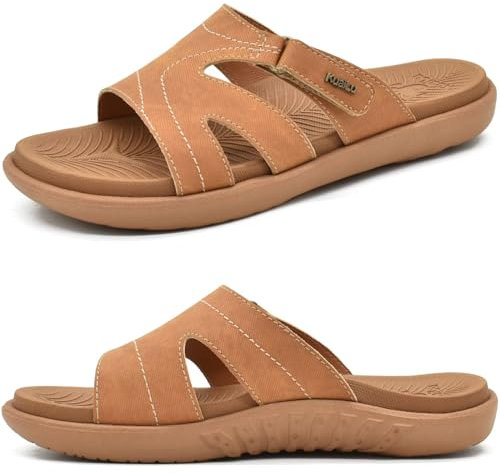 KuaiLu Womens Fashion Orthotic Sliders Ladies Lightweight Athletic Yoga Mat Sandals Slip on Thick Cushion Slippers Sandals with Comfortable Plantar Fasciitis Arch Support Khaki 6