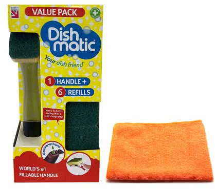 Fillable Washing Up Brush with Sponge [Value Pack Kit] - Easy Grip Dish Cleaner and 6X Replaceable Sponge Heads- with Ultra Absorbent Microfibre Cleaning Cloth