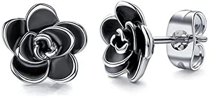 Gilieyer Rose Flower Stud Earrings for Women, 18K Gold Plated Enamel Craft Black Rose Flower Earrings Cute Earrings Jewelry Gifts for Mother's Day (Silver Black)