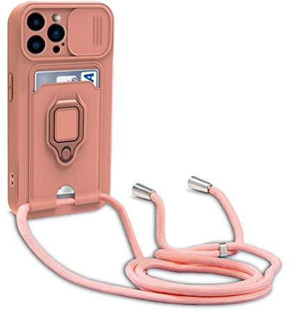 yanasuo Protección de Cámara Funda Compatible con iPhone 14 Pro, con Anillo Soporte, Ajustable Collar Correa de Cuello Cordón Carcasa de Silicona-Pink