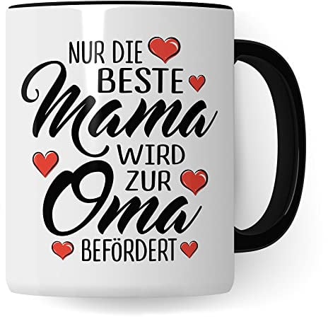 Oma Tasse mit Spruch, Nur die beste Mama wird zur Oma befördert, Geschenk Großmutter, Baby Ankündigung Reveal Geschenkidee Kaffeetasse Enkel (Weiß/Schwarz)