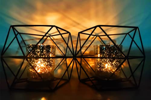 Teelichthalter, Geometrischer Kerzenhalter Metall Schwarz 2er Set, mit Zwei Sternenkerzenbechern aus Glas, Teelichter Tischdeko für Wohnzimmer, Schlafzimmer, Hochzeit, Einweihungsparty, Party …