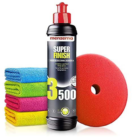 Autopolitur Set: Menzerna Super Finish 3500 Hochglanzpolitur (250ml) - Sorgt für perfekten Spiegelglanz - Exzenter oder Rotation - Auto polieren, Politur, Glanzpolitur, SF3500, Glanzbooster | 6-teilig