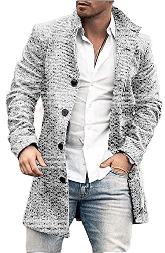 AOKODA Tweed Mantel Herren Einfarbig/Druck Mittlere Länge Coat Mantel Herren Slim Fit Knopfleiste Langarm Winter Mantel Herren Mode Casual Tweed Mantel Herren DY-06 3XL