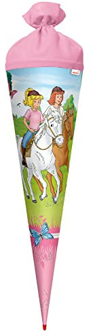 Gefüllte Motiv-Schultüte Bibi & Tina - Pferdefreunde 70 cm rund Rot(h)-Spitze Filzverschluss Glitter