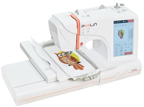 POOLIN EOC05 Stickmaschine computergesteuert 10 x 23,5 cm große Stickfläche fuir kleidung, 18 cm LCD-Touchscreen für Anfänger, Inklusive Faden, Stabilisator, Spule, Stickrahmen