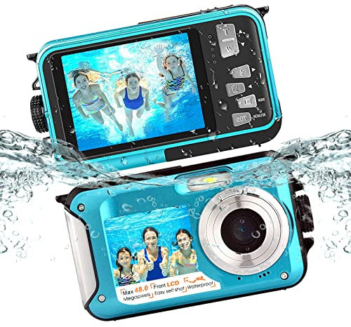Appareil photo numérique étanche 2,7 K 48 MP double écrans Selfie 16X Zoom 10FT Caméra sous-marine pour plongée en apnée-Bleu