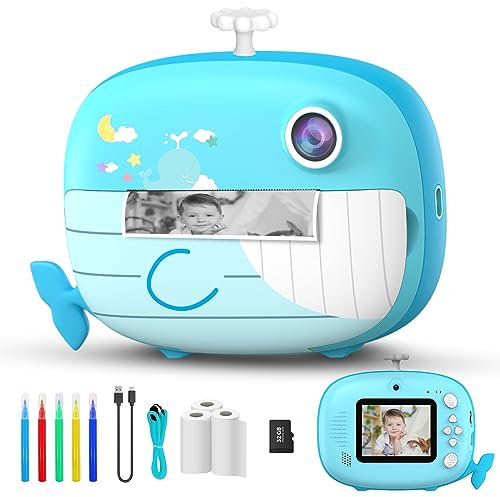 Ukuu Kinderkamera Sofortbildkamera, 1080P Digitalkamera mit 3 Rollen Druckpapier und 5 Farben Pinselstift & 32G TF Karte 2,4 Zoll Bildschirm Print Fotokamera Geschenk für Kinder 3-14 Jahren (Blau)