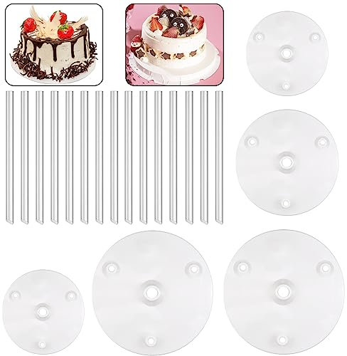 GYSRXS 5 Piezas Soporte para Tartas Reutilizable Base para Tartas de 5 Pisos con 15 Varillas de Soporte para Tarta Plastico para Apilamiento de Tartas en Niveles(12/16/20cm)