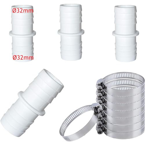 Lot de 4 Raccords de Tuyau pour Piscine avec 8 Colliers de Serrage - Adaptateur Ø 32 à 32 mm (32mm-32mm)