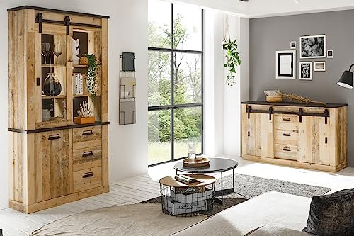 Furn.Design Wohn- und Esszimmer Set in Used Wood hell und anthrazit Wohnkombination 2-teilig mit Vitrine und Sideboard, Stove