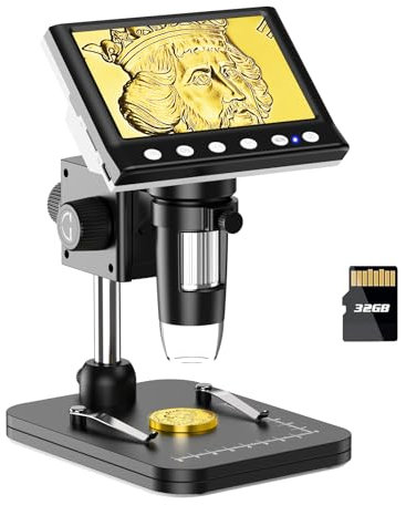 Microscope,4.3 Coin Microscopes, IPS Digital Microscopes for Adults, Coin Magnifier with 8 LED Lights, Windows Compatible, Include 32GB Memory Card