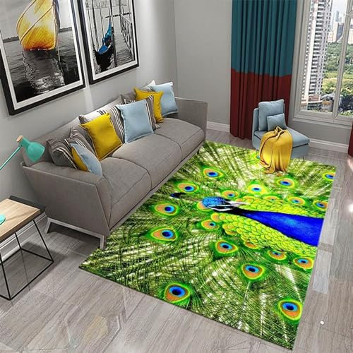Buohwiwe 3D Teppich Pfau - Modern Schlafzimmer Flanell Teppich Pfau Wohnzimmer Teppich - Dekoration Carpet rutschfeste Teppiche 80x160 cm E1300