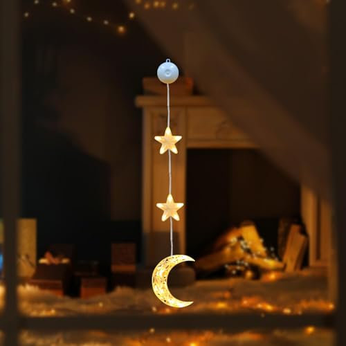 ACAREY Ramadan Deko LED Mond Ramadan Lichterkette Mit Saugnäpfe, Ramadan Beleuchtung Ramazan Dekor, Ramadan Dekoration Fenster Licht, Warmweiß Ramadan Lichterkette Innen Für Muslimische Deko