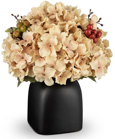 Kunstblumen Wie Echt Künstliche Hortensien Elfenbein Dekoblumen mit Beeren in Schwarzer Keramikvase Blumengesteck für Büro Resto Wohnzimmer Bad Herbst Dekoration